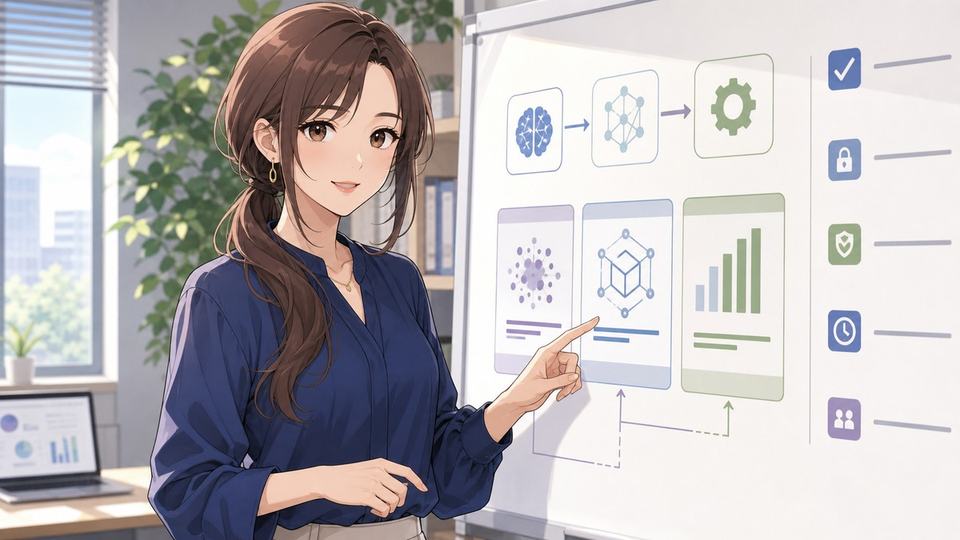 GPT-4.5終了後に代替モデルと作業手順を確認するアニメ女性の画像