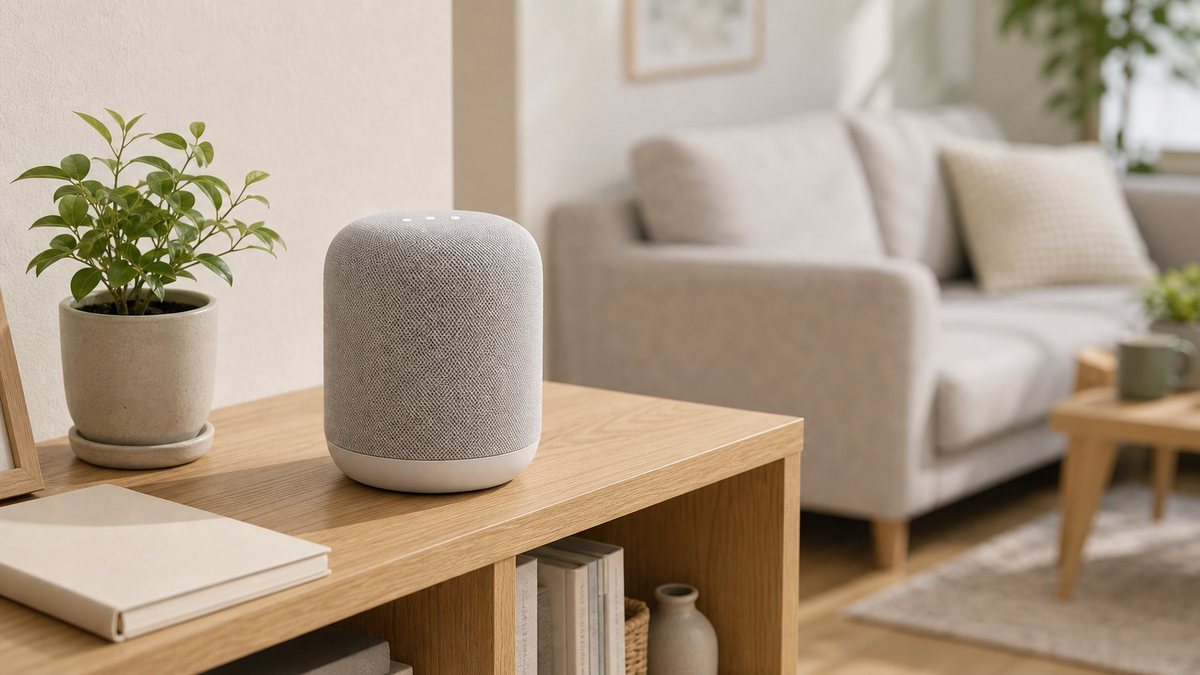 リビングでGoogle Home Speakerのようなスマートスピーカーを使うイメージ写真