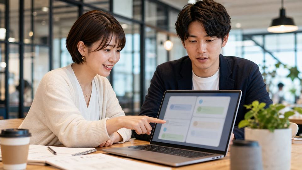 Slack風のチャット画面を見ながらAI活用を相談するオフィスのリアル写真
