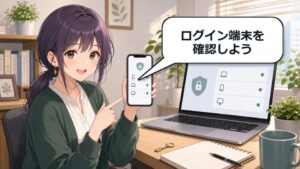 ChatGPTのログイン端末を確認する場面を示すアニメ女性と端末管理画面のアイキャッチ画像