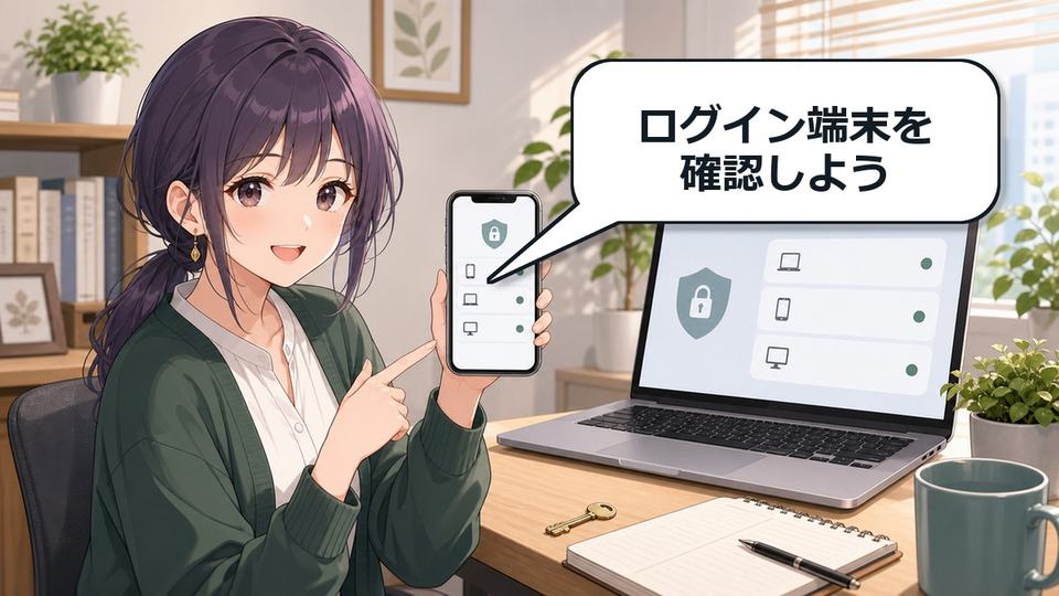 ChatGPTのログイン端末を確認する場面を示すアニメ女性と端末管理画面のアイキャッチ画像