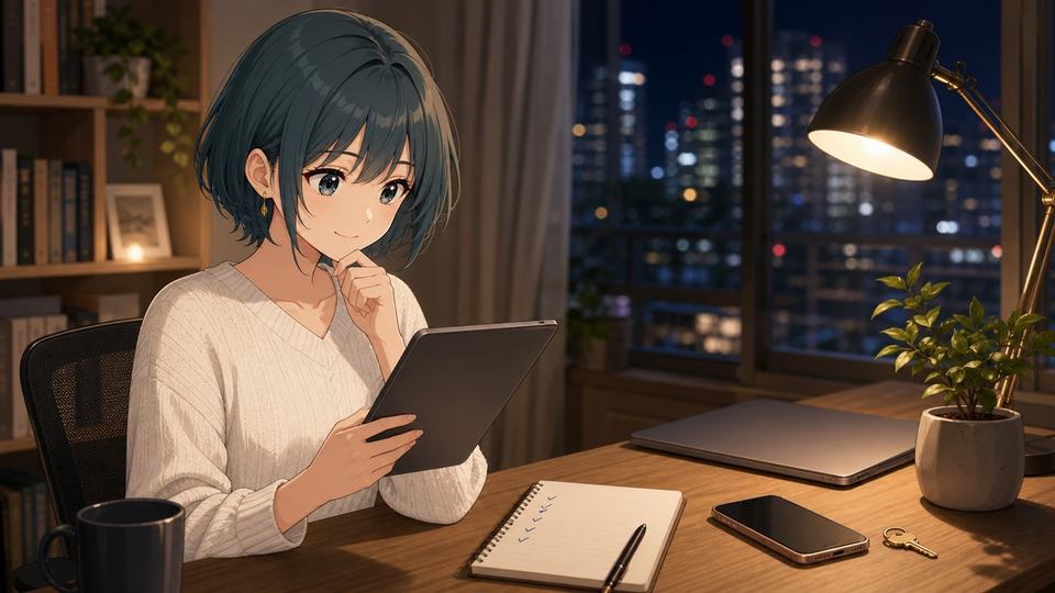 ChatGPTのログイン端末とセキュリティを夜に確認するアニメ女性の画像