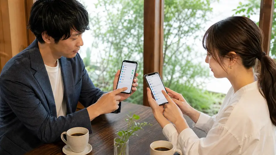 カフェでスマホのマイク権限とアプリ設定を確認する男女