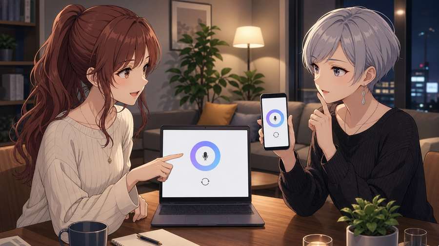 GPT-LiveのWeb版とスマホ版の表示を比較する二人のアニメ女性