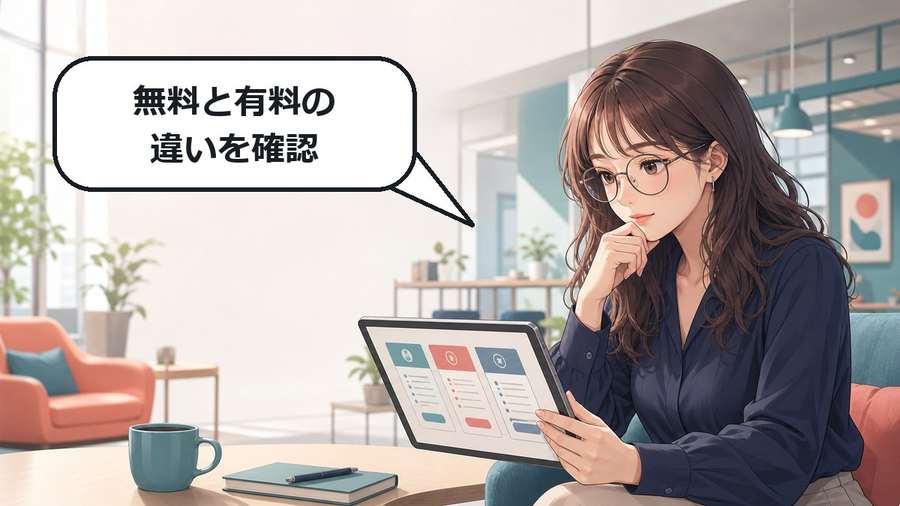 GPT-Liveの無料版と有料版を比較する眼鏡のアニメ女性