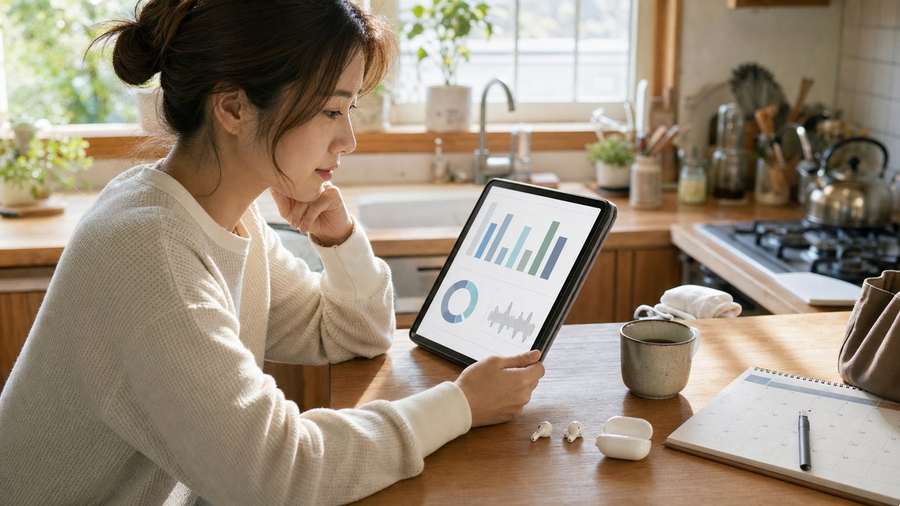 キッチンで音声AIの利用状況と予算を確認する女性