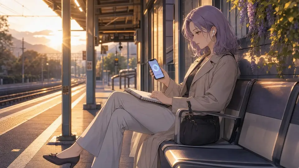駅のベンチでGPT-Liveの利用メーターを見る紫髪のアニメ女性