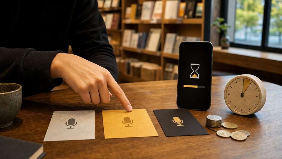 三つの音声プランカードと制限待ち時間を示すスマホ