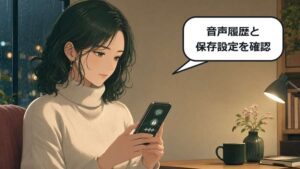 GPT-Liveの音声履歴と保存設定を確認する緑髪のアニメ女性