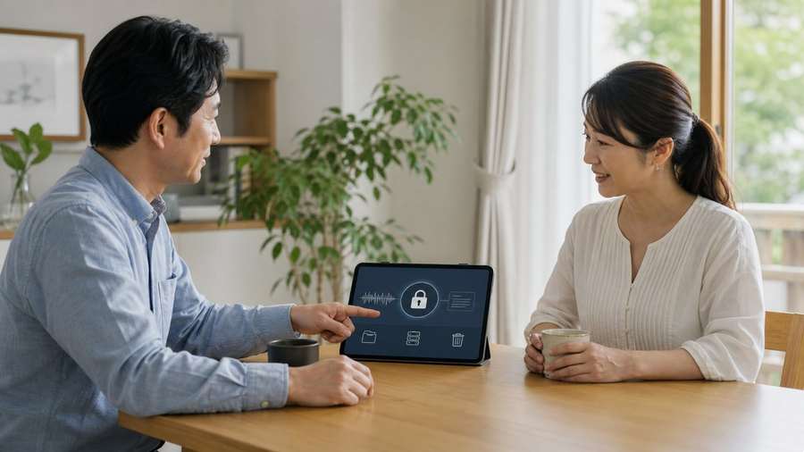 音声履歴のロックと削除設定をタブレットで確認する夫婦
