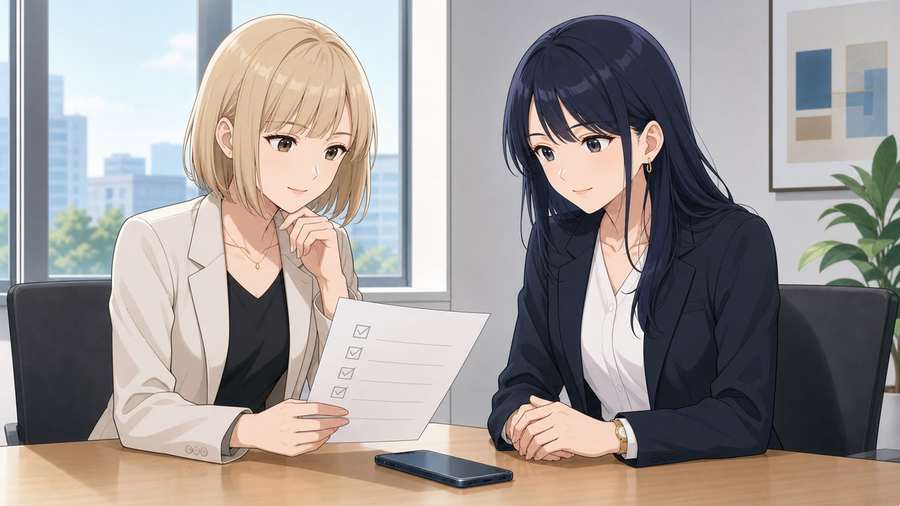 会議で音声AIを使う前に同意事項を確認する二人のアニメ女性