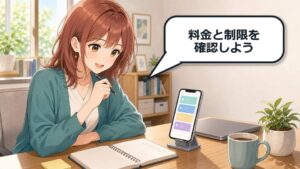 Cursor for iOSの料金と制限を案内する茶髪のアニメ調女性とスマホ確認画面