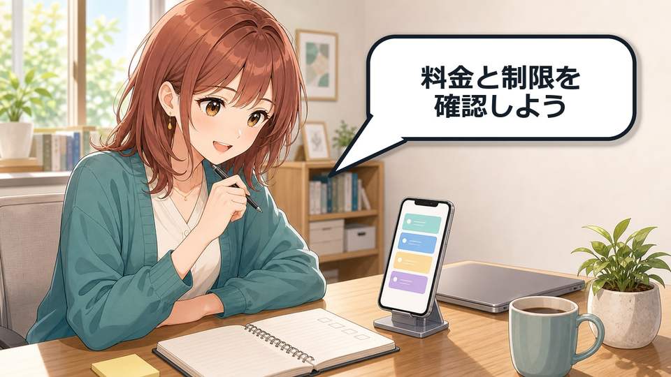 Cursor for iOSの料金と制限を案内する茶髪のアニメ調女性とスマホ確認画面