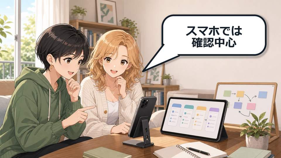 Cursor for iOSでスマホからクラウドエージェントを確認する二人のアニメ調イラスト