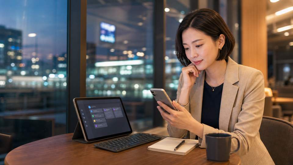 駅のカフェラウンジでスマホからCursorのAIコーディング進捗を確認する女性