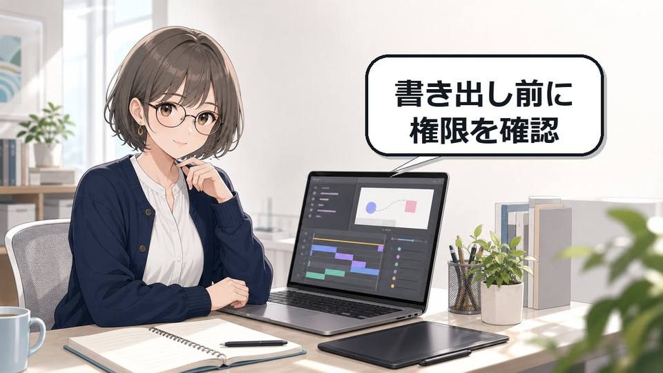 Figma Motionで書き出しできない時に権限を確認する女性デザイナーのアニメ画像