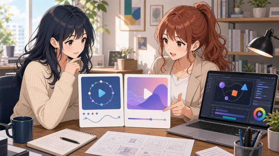 Figma MotionのGIFとMP4の違いを二人の女性デザイナーが比較するアニメ画像