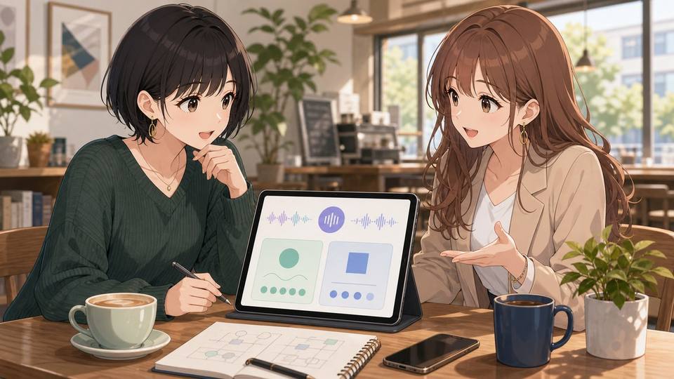 二人の女性がGPT-LiveとChatGPT Voiceの違いをタブレットで比較しているアニメ画像