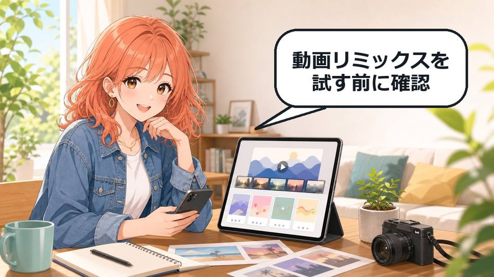 Google Photos Video Remixの使い方を説明するアニメ女性と動画リミックス画面のアイキャッチ画像