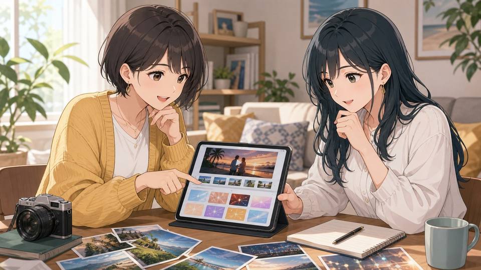 二人の女性がGoogle Photos Video Remixのテンプレートを比較しているアニメ画像