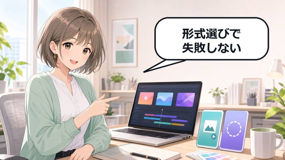 Figma MotionでGIFとMP4の違いを説明する女性デザイナーのアイキャッチ画像