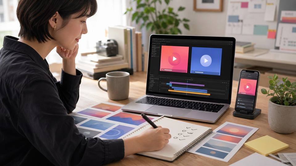 Figma MotionのGIFとMP4書き出しをデスクで比較しているリアル画像