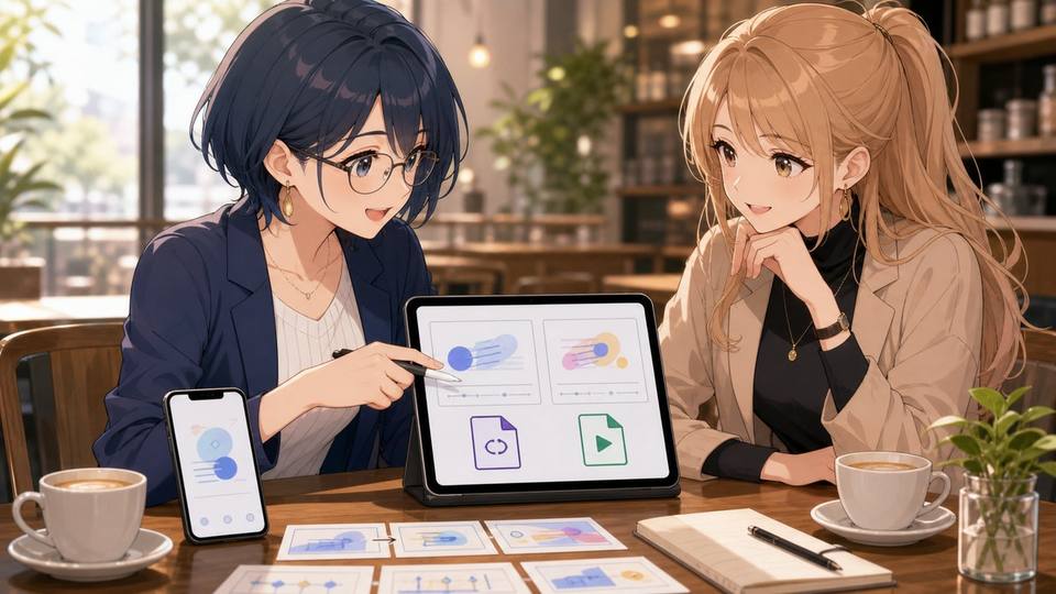 二人の女性デザイナーがFigma MotionのGIFとMP4の違いをカフェで相談しているアニメ画像