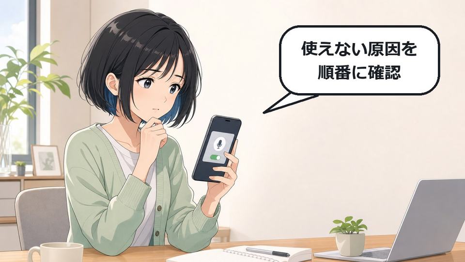 GPT-Liveが使えない原因をスマホで確認する短い黒髪のアニメ女性