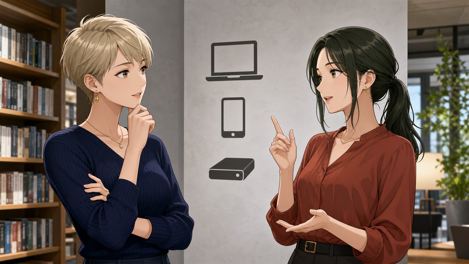 ChatGPT Atlas終了後のブラウザとアプリの使い分けを相談する二人のアニメ女性