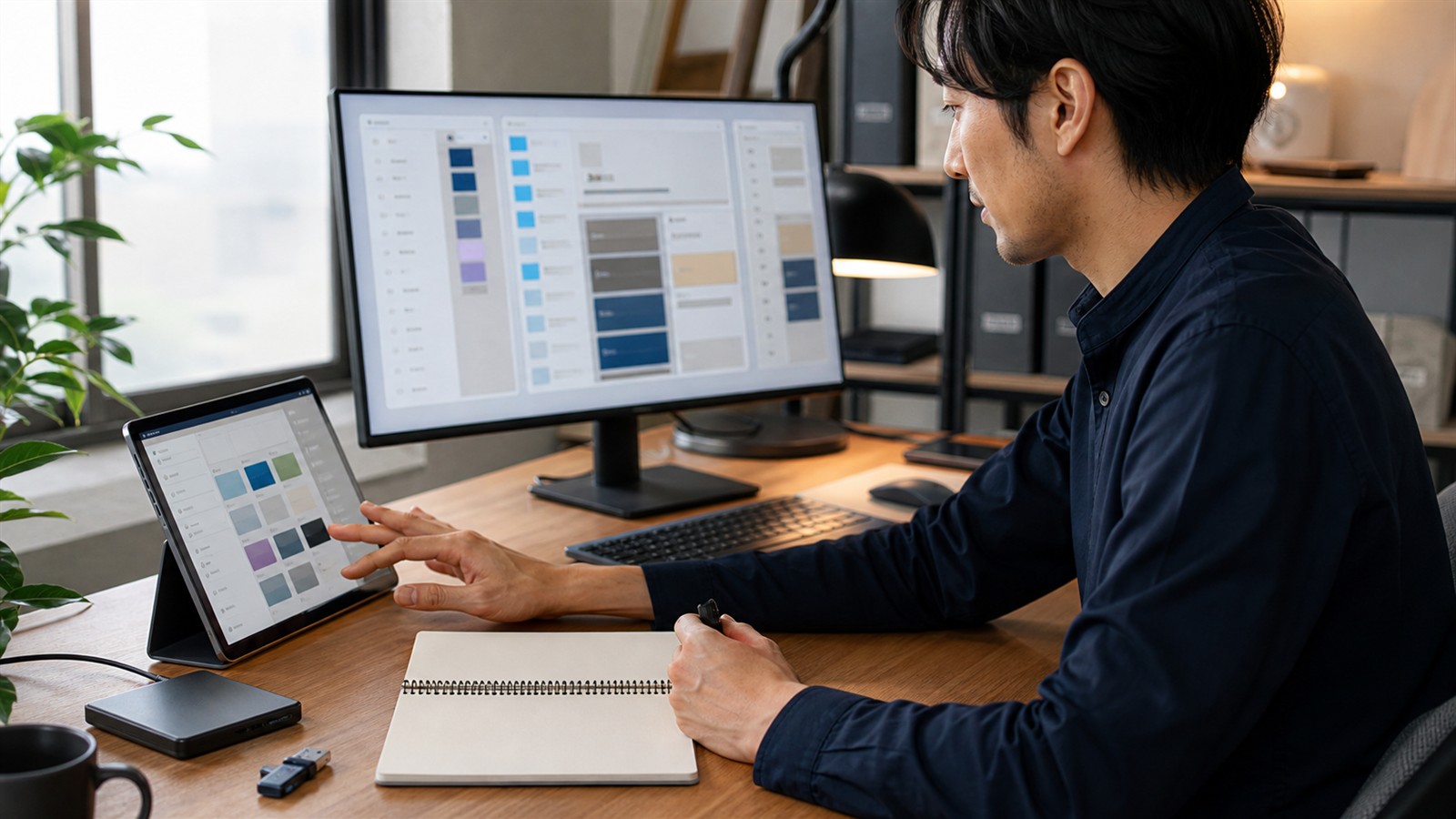ChatGPT Atlas終了前に保存対象をデスクとタブレットで整理する男性