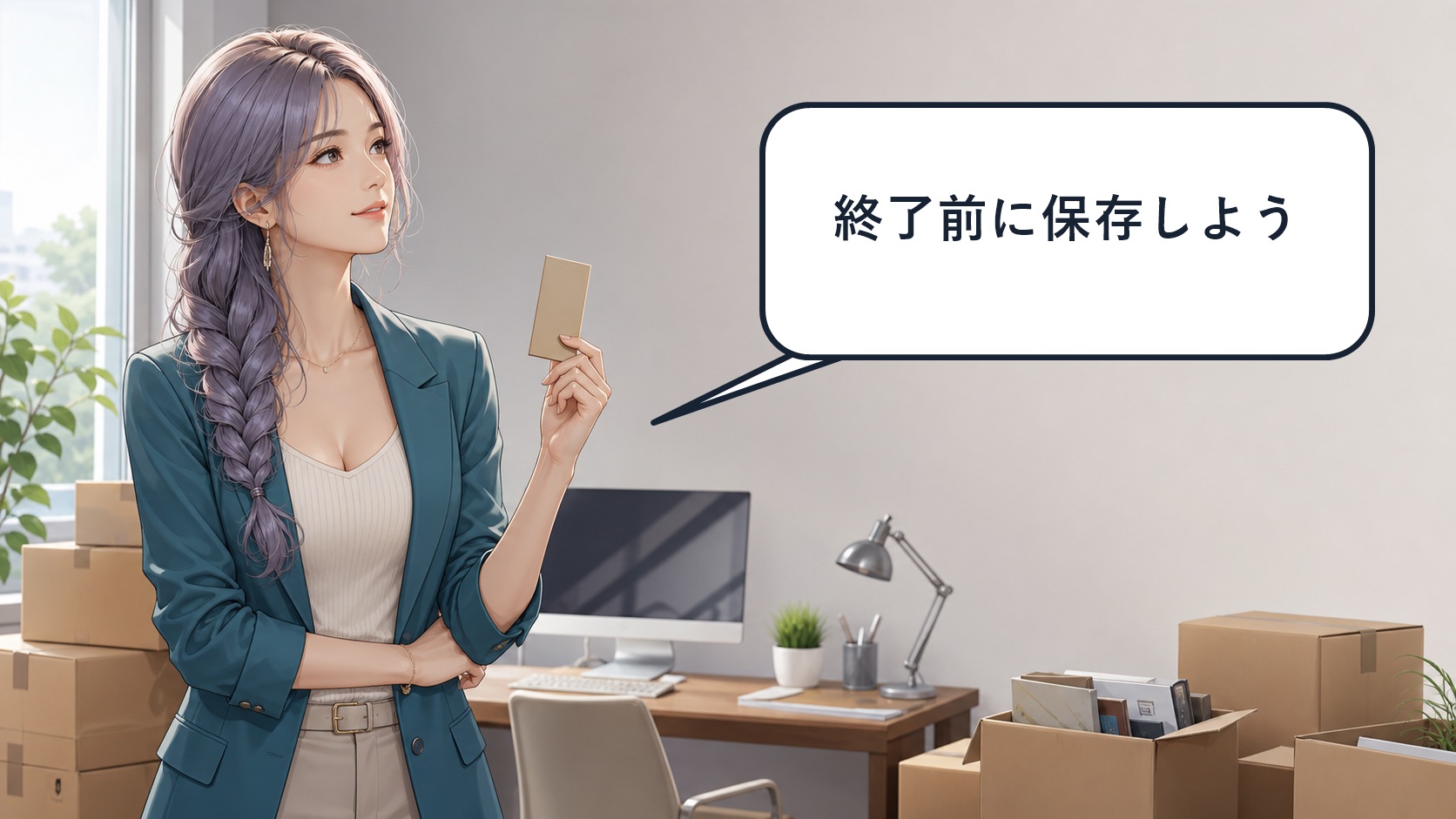 ChatGPT Atlas終了前のデータ保存を案内する銀紫髪のアニメ女性