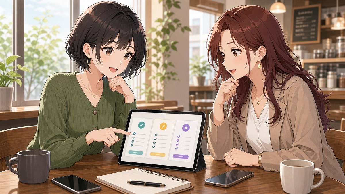ChatGPT Goと無料版やPlusの違いをカフェで相談する二人の女性のアニメ画像