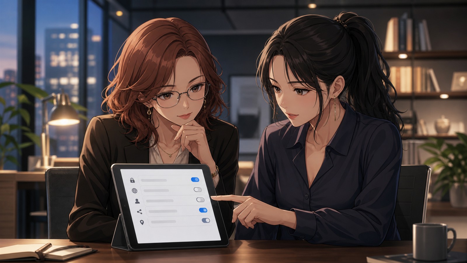 ChatGPT Sitesの公開範囲と個人情報を確認する二人のアニメ女性