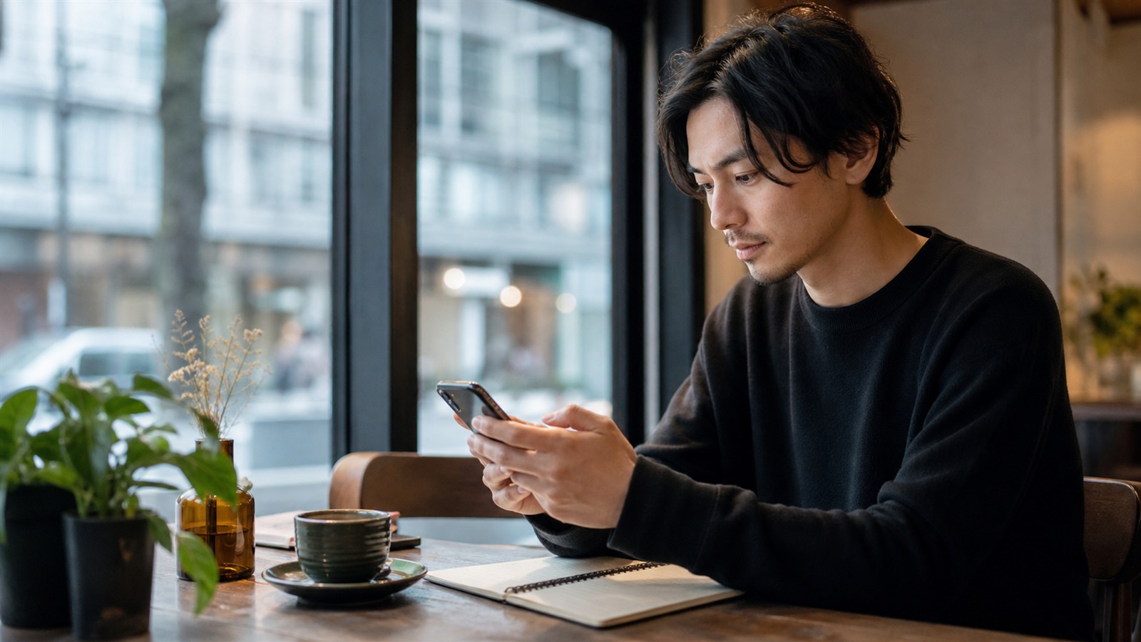 カフェでChatGPT Sitesの公開URLをスマホから確認する男性