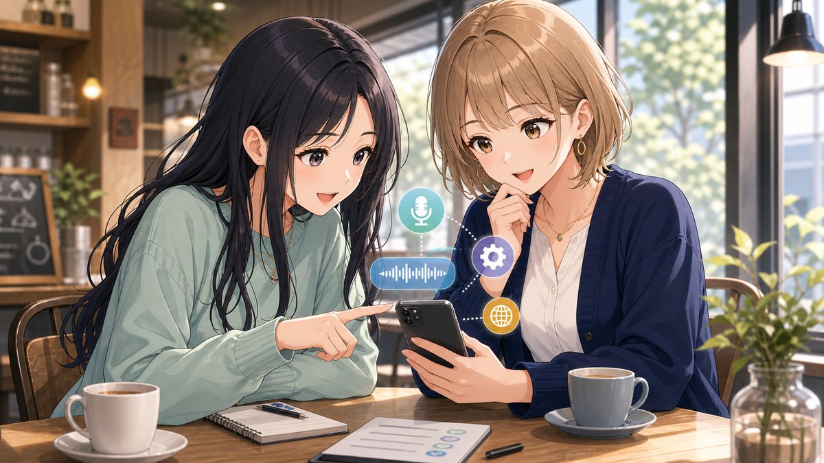 ChatGPT音声会話できない時にスマホ設定を二人で確認するアニメ画像