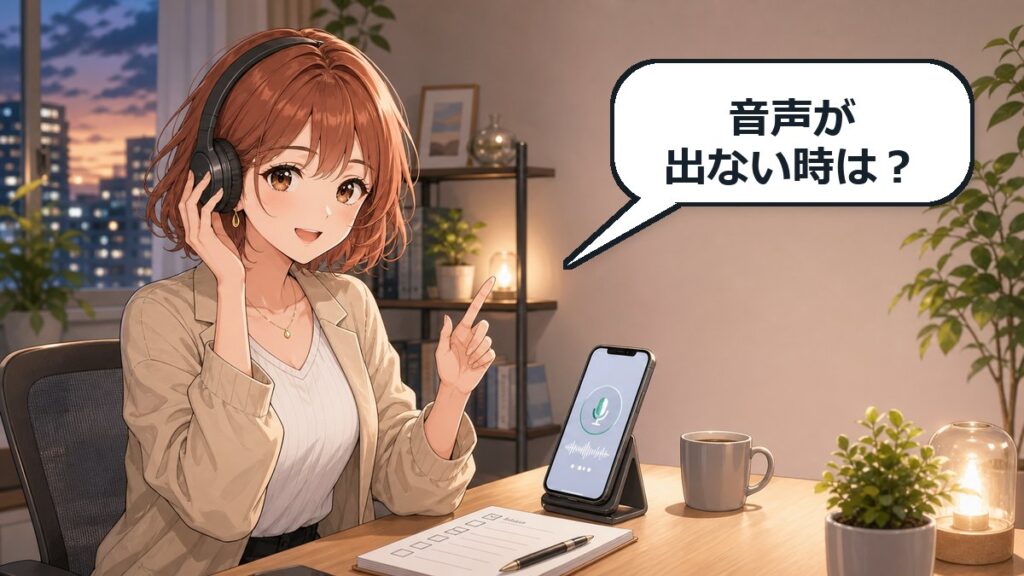 ChatGPT音声会話できない時に音声設定を確認するアニメ女性のアイキャッチ画像