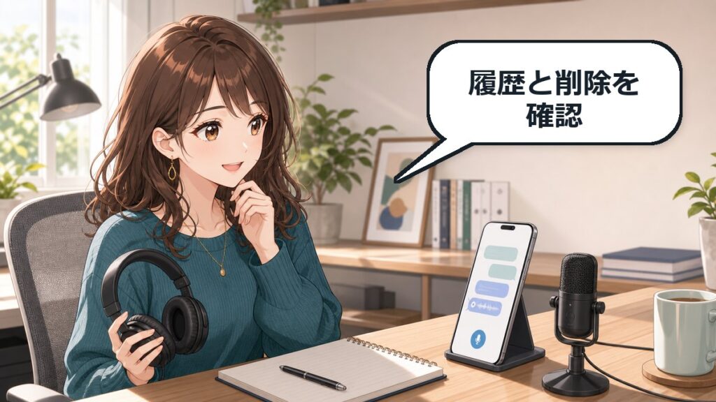 ChatGPT音声会話の履歴と削除を確認するアニメ女性のアイキャッチ画像