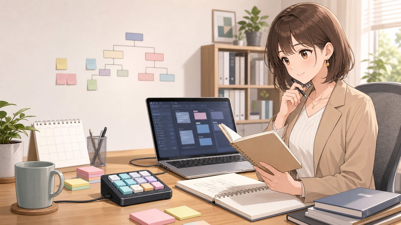Codex hardwareを購入前に確認する女性エンジニアのアニメ画像