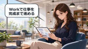 ChatGPT Workで資料から成果物を作る流れを確認する女性のアニメ画像