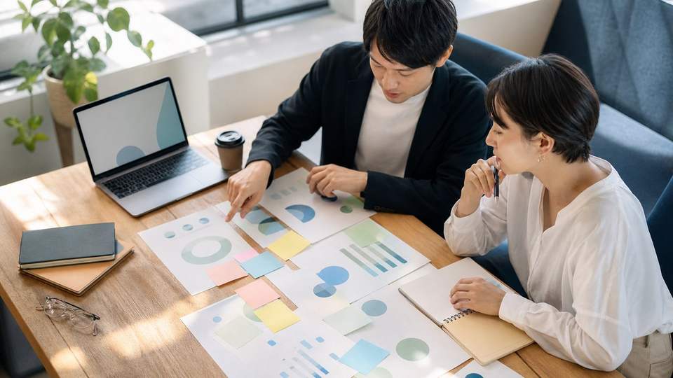 ChatGPT Workへ依頼する前に二人で資料とグラフを整理している様子