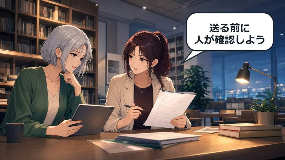 ChatGPT Workが作った成果物を送信前に二人で確認するアニメ画像