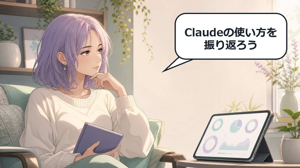 Claude ReflectでClaudeの利用傾向を振り返る女性のアニメ画像