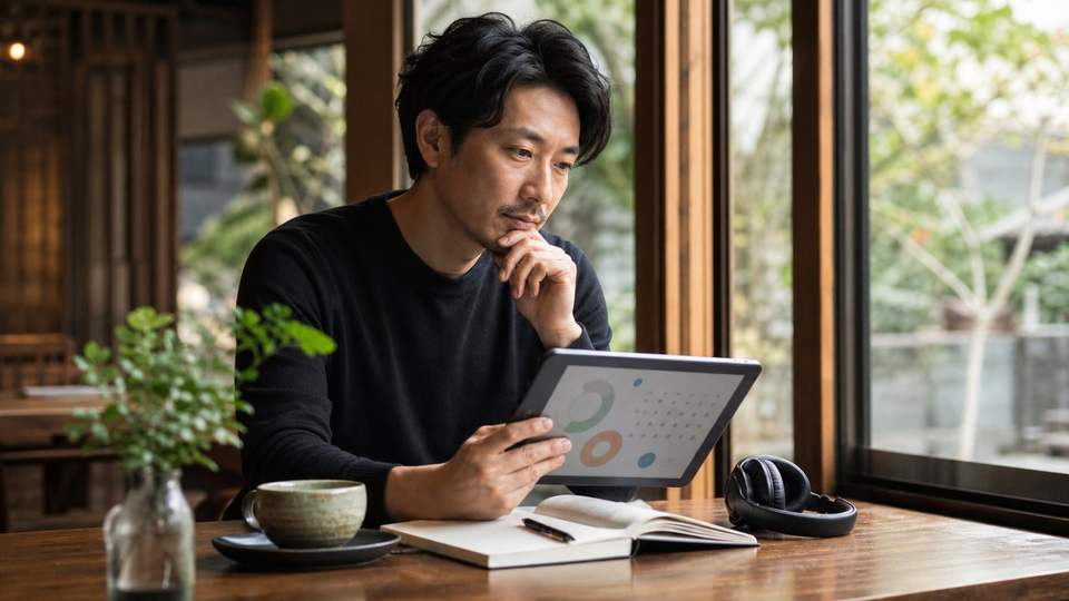 カフェでClaude Reflectの利用状況レポートを確認している男性