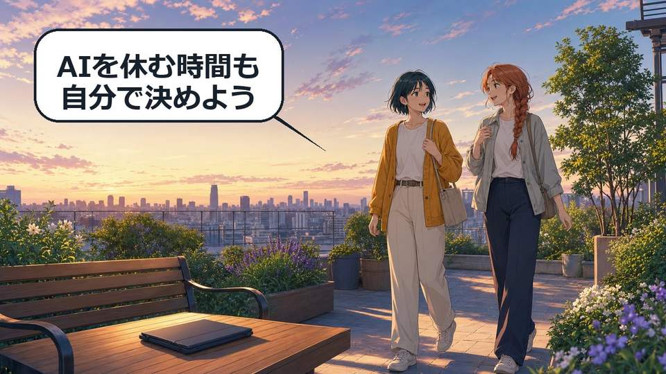 Claude Reflectの休憩リマインダーを使いAIから離れて散歩する二人のアニメ画像