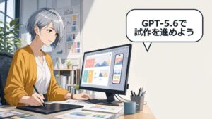 Figma MakeでGPT-5.6を選びアプリ試作を進める女性のアニメ画像