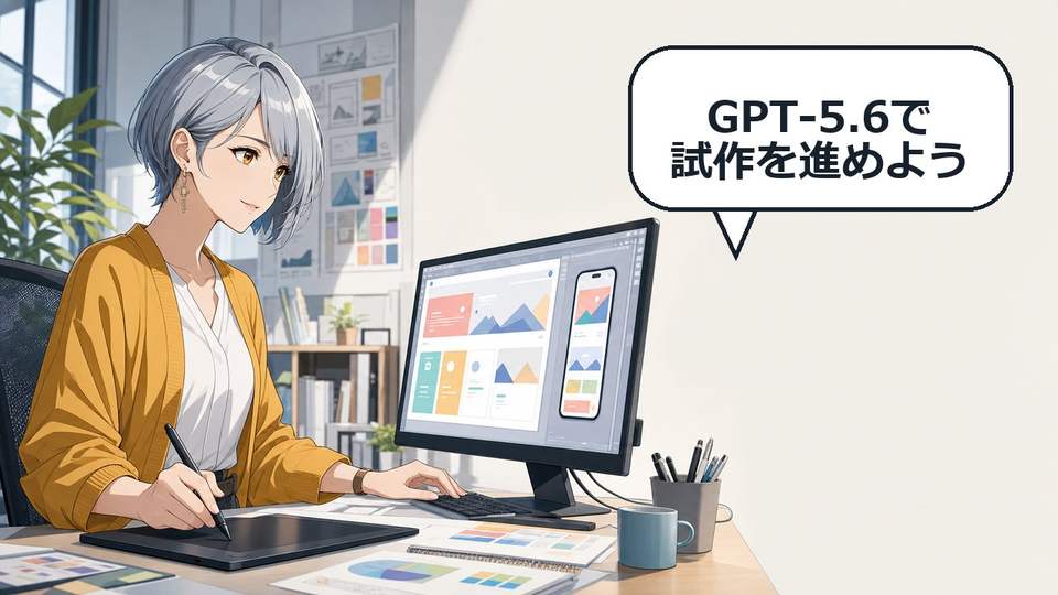 Figma MakeでGPT-5.6を選びアプリ試作を進める女性のアニメ画像