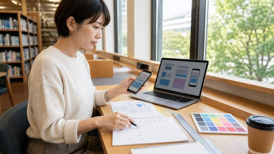 Figma Makeのプロトタイプをスマートフォンとパソコンで確認している様子