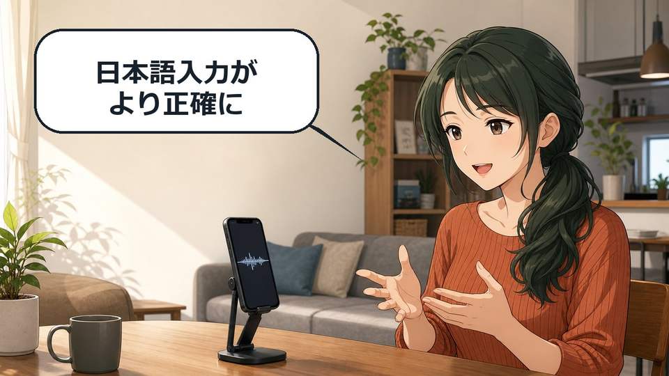 ChatGPTの音声入力精度をスマートフォンで試す女性のアニメ画像