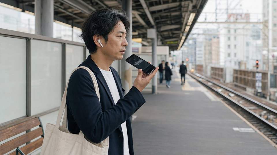 駅の雑音がある環境でChatGPTの音声入力を試している男性