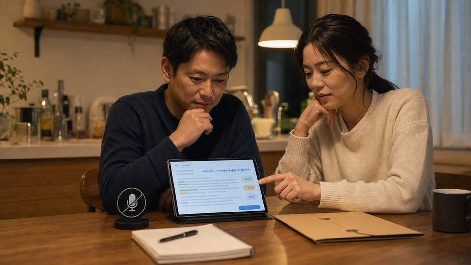 ChatGPTの音声入力データとプライバシーを二人で確認している様子